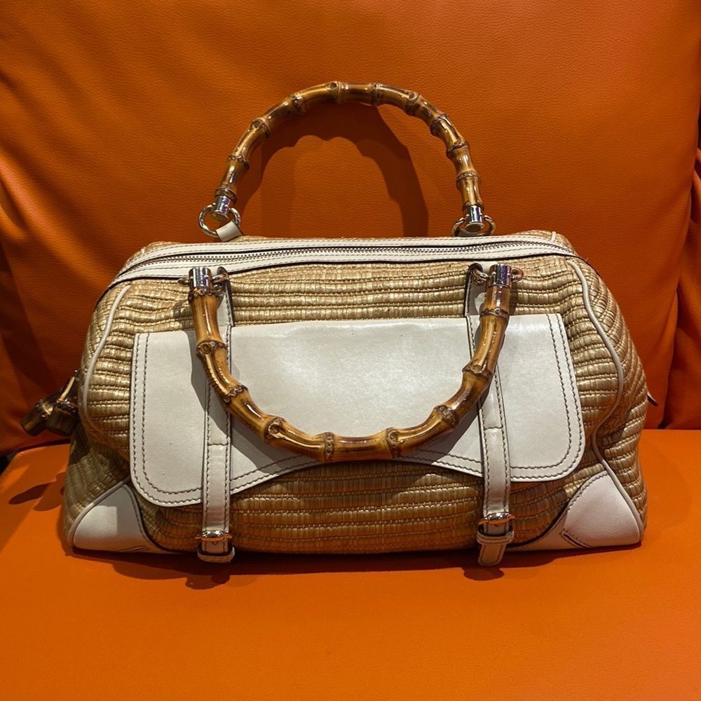 Vintage Gucci Raffia White Leather Bamboo Boston Bag